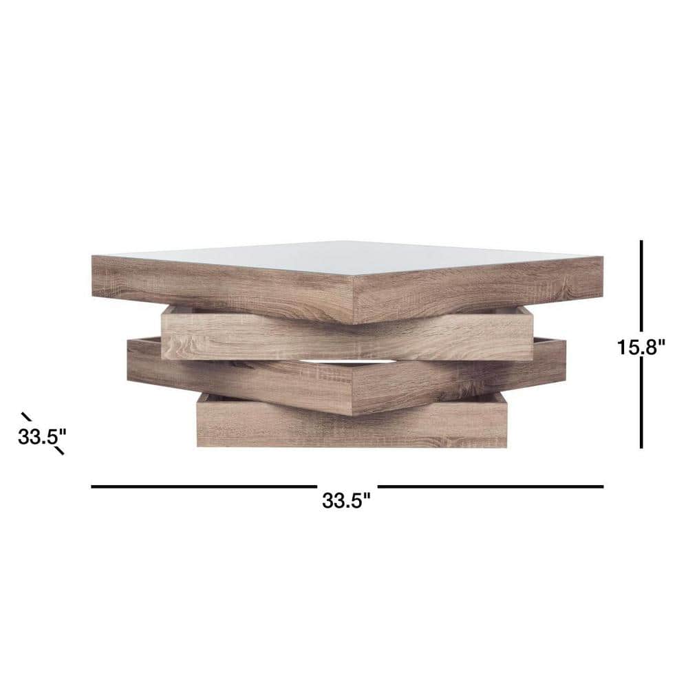 Transitional Geometric 34" Square Wood and Glass Coffee Table in Beige
