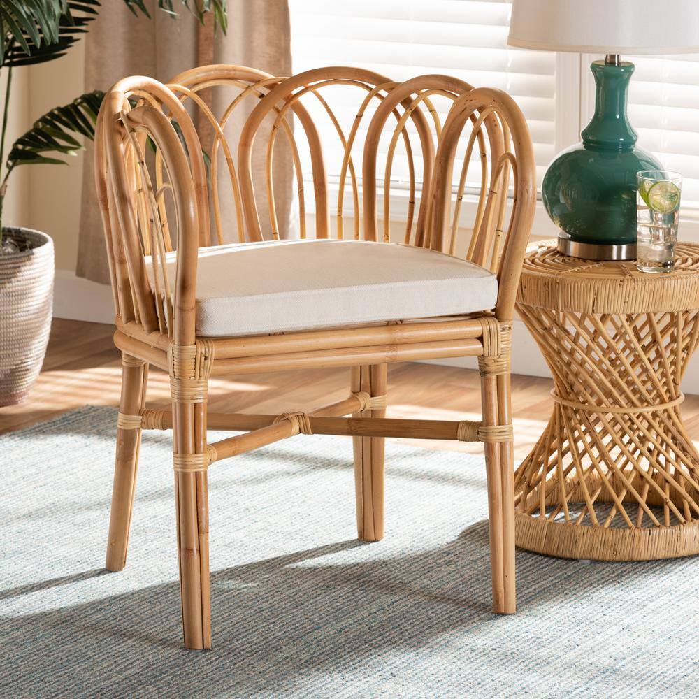 Natural Rattan and Cane Low Arm Chair with White Cushion