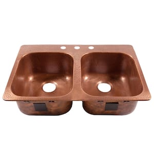 Santi 33 in. 3-Hole Drop-In Double Bowl 16 Gauge Antique Copper Kitchen Sink