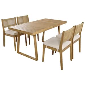 5-Piece Acacia Wood Outdoor Dining Set with Beige Cushions and Stylish Chair Back for Balcony, Vourtyard, and Garden