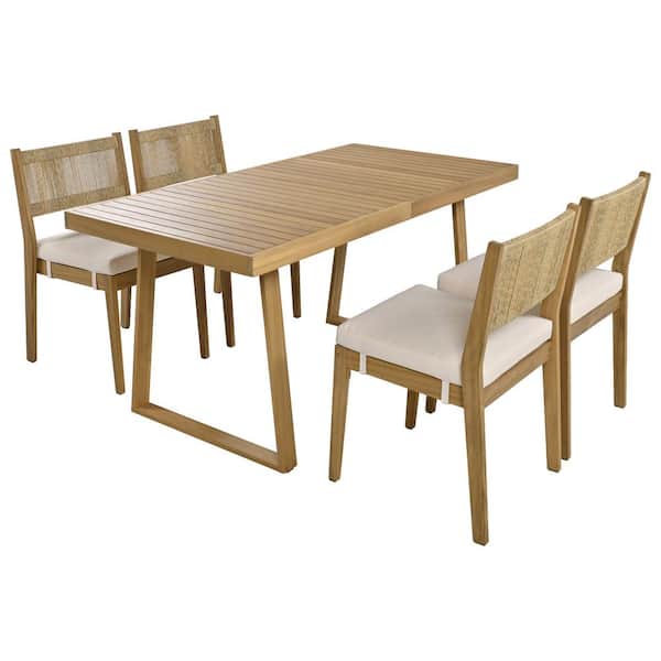 Zeus & Ruta 5-Piece Acacia Wood Outdoor Dining Set with Beige Cushions and Stylish Chair Back for Balcony, Vourtyard, and Garden