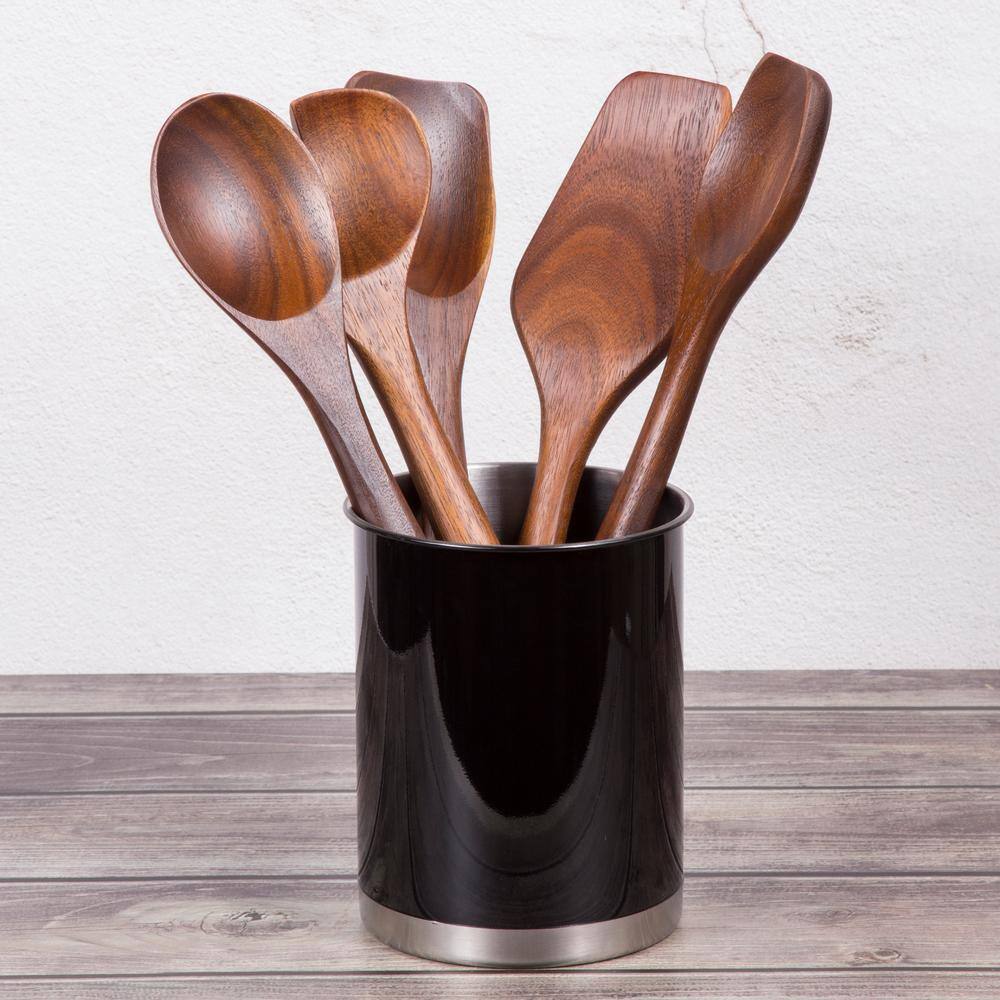 Black Stainless Steel Cylinder Kitchen Utensil Holder, 5" x 6.3"