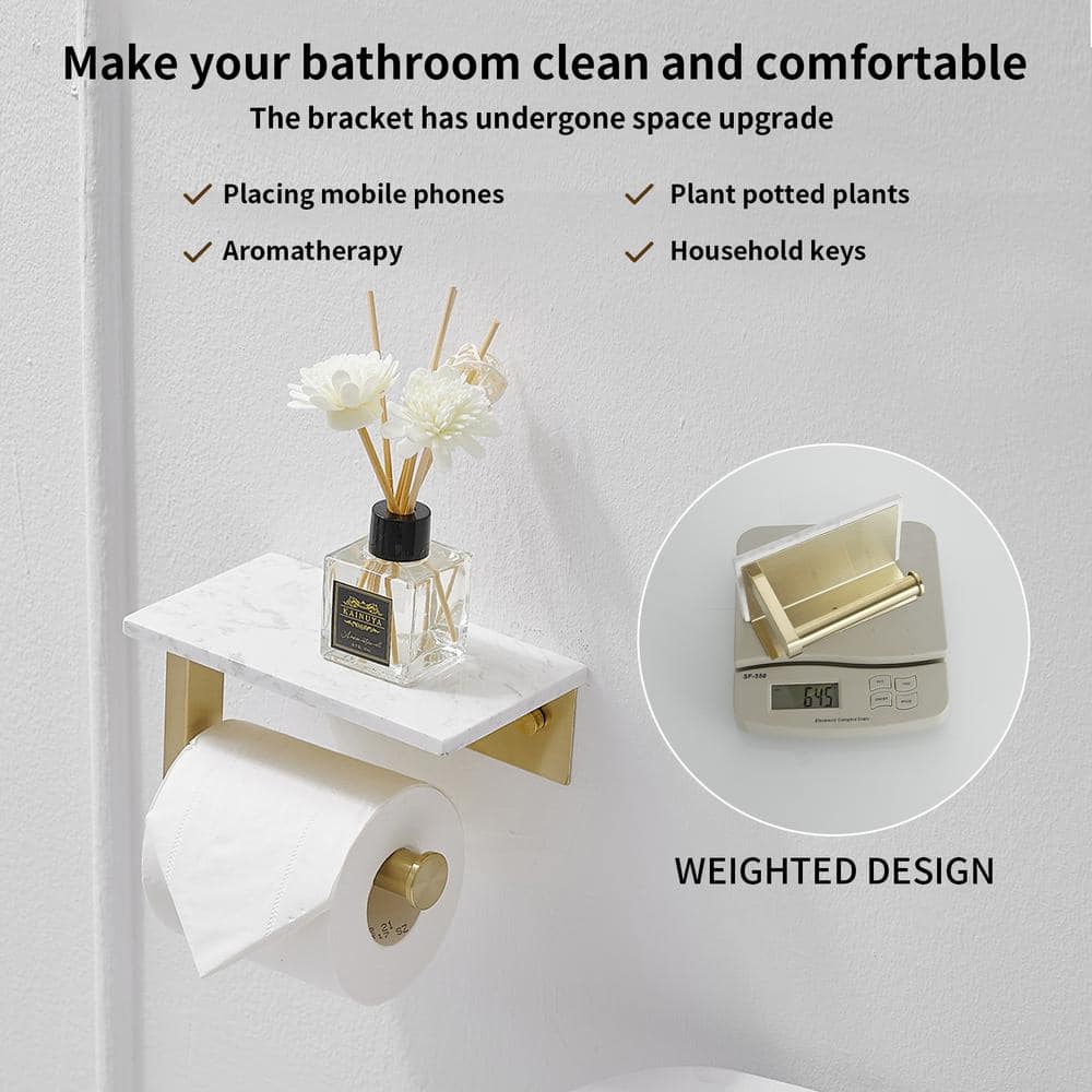 Brushed Gold Wall Mounted Toilet Paper Holder with Marble Shelf