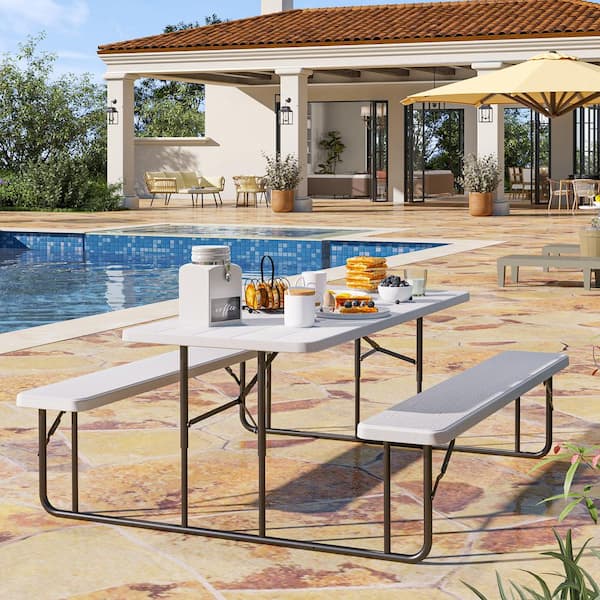 DEXTRUS 6 ft. White Rectangular HDPE Picnic Table Bench Set with Stable Steel Frame and Wooden Texture Tabletop
