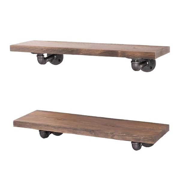 PIPE DECOR 24 in. x 7.5 in. x 6.75 in. Sunset Brown Restore Wood Decorative Wall Shelf with Industrial Steel Pipe L- Brackets