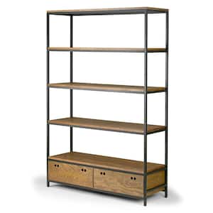 70.75 in. Brown/Black Metal 5-shelf Etagere Bookcase with Drawers