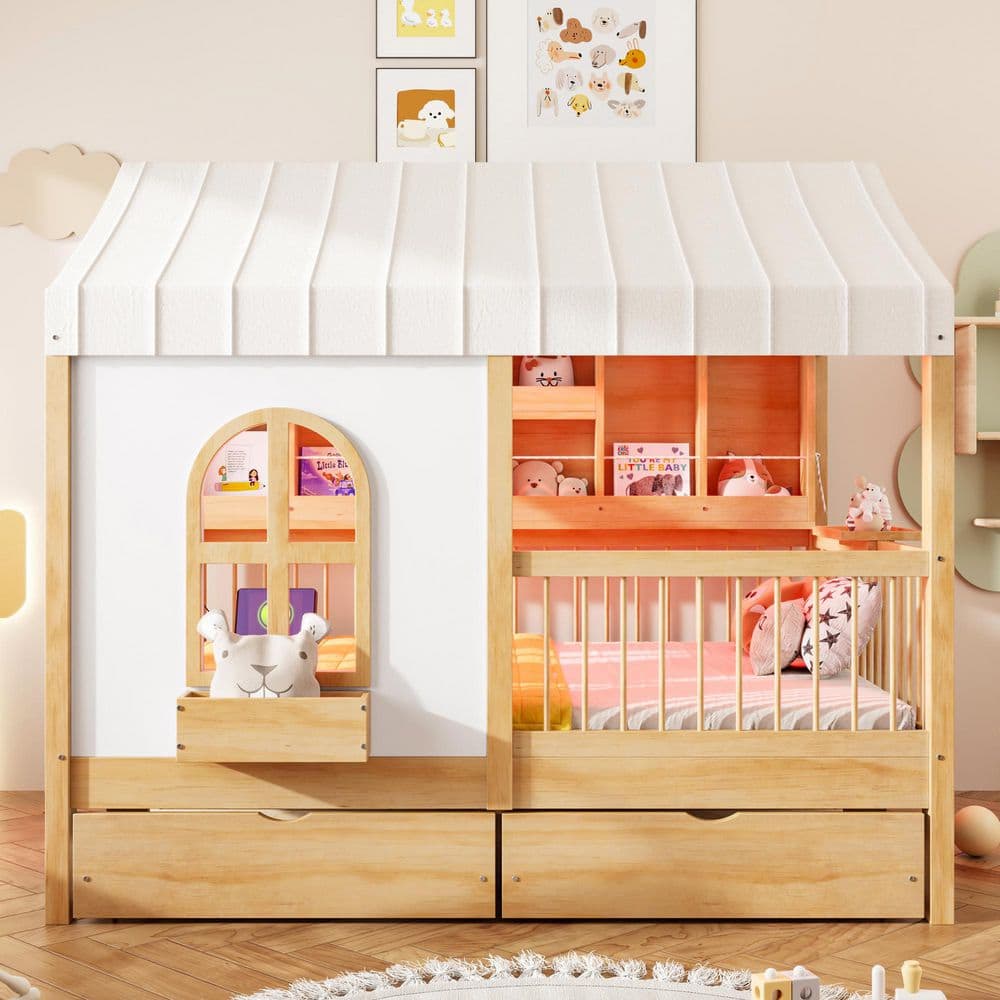 Natural Yellow Wood Frame Full Size Platform Bed with 2 Large Drawers, Side Bookshelf with LED Strip