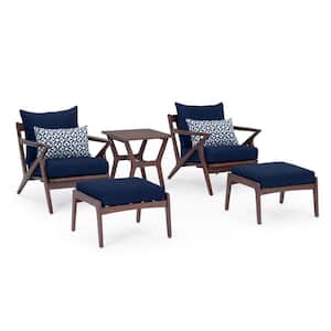 Vaughn 5-Piece Club Chair and Ottoman Wood Patio Conversation Set with Navy Blue Cushions