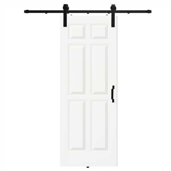 24 in. x 80 in. 6 Panel Hollow Core White Primed MDF Wood Sliding Barn Door Slab with Hardware Kit Set