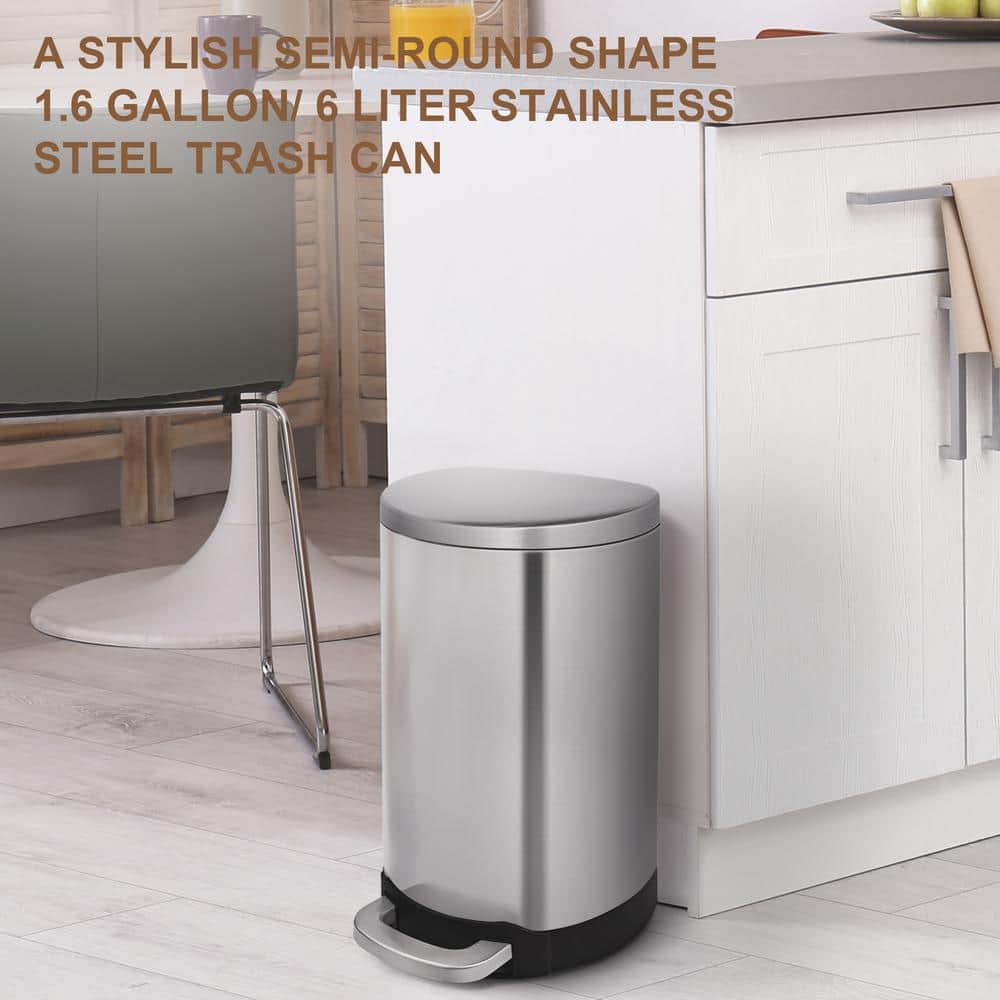 1.6 Gallon Brushed Stainless Steel Semi-Round Step-On Trash Can