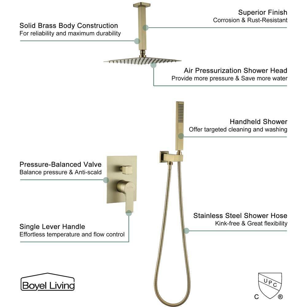 Brushed Gold Dual Square Ceiling Mount Rain Shower System