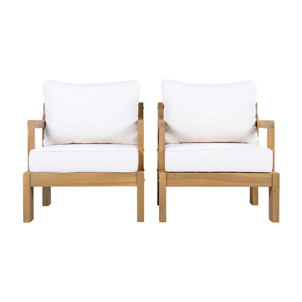 Dunham Patio Natural Finish Solid Wood Outdoor Lounge Chairs with Beige Cushions, Set of 2