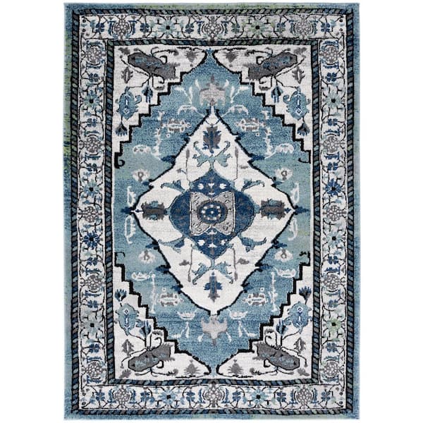 Vintage Hamadan 7 ft. x 9 ft. Blue Green/Ivory Medallion Distressed Area Rug