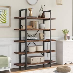 Industrial 63 in. Distressed Brown Wood and Metal Frame 5-Shelf Bookcase with Open Back