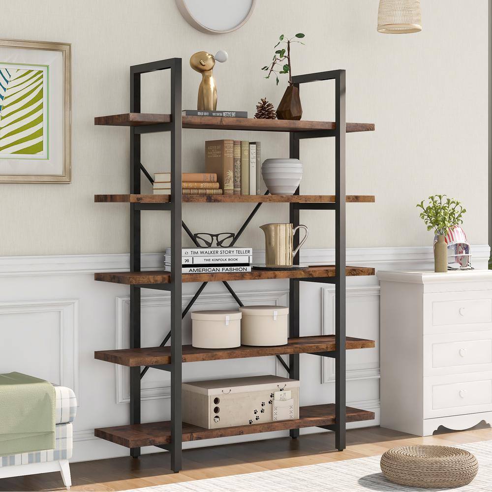 Qualler Industrial 63 In. Distressed Brown Wood And Metal Frame 5-shelf 