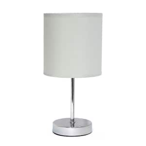 11.81 in. Slate Gray Traditional Petite Metal Stick Bedside Table Desk Lamp in Chrome with Fabric Drum Shade