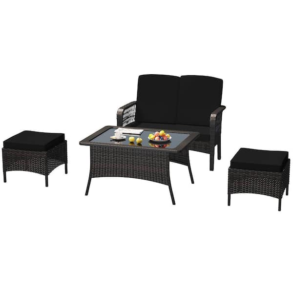 LeveLeve 4-Pieces Patio Furniture Set Outdoor Rattan Chair Wicker Sofa Garden Conversation Bistro Sets, Backyard Black Cushions