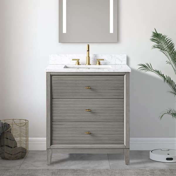 30 in. W x 34 in. H Single Sink Driftwood Gray Bath Vanity Cabinet with Arabescato White Engineered Marble Top