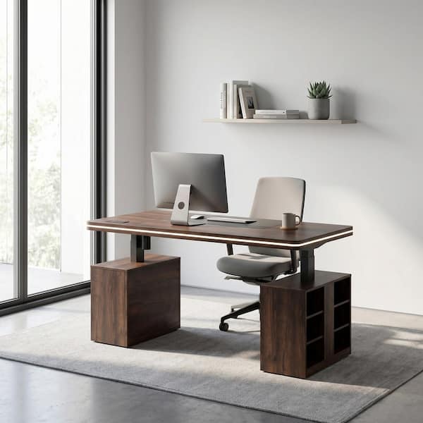 FUFU&GAGA 63 in. Rectangular Brown Engineered Wood 0-Drawer Gaming