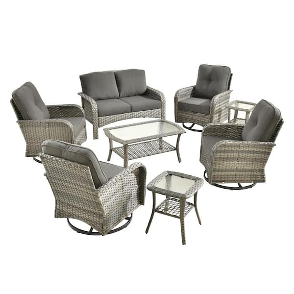Denali Gray 8-Piece Wicker Patio Conversation Sofa Seating Set with Swivel Rocking Chairs and Black Cushions