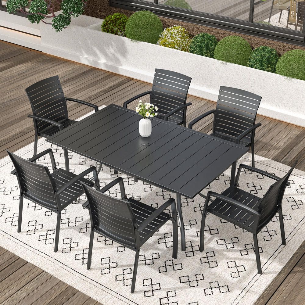 Anmutig Black Metal Outdoor Dining Table with Umbrella Hole