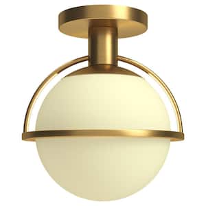 Cieonna 9.25 in. 1-Light Antique Brass and White Semi Flush Mount with Glass Shade