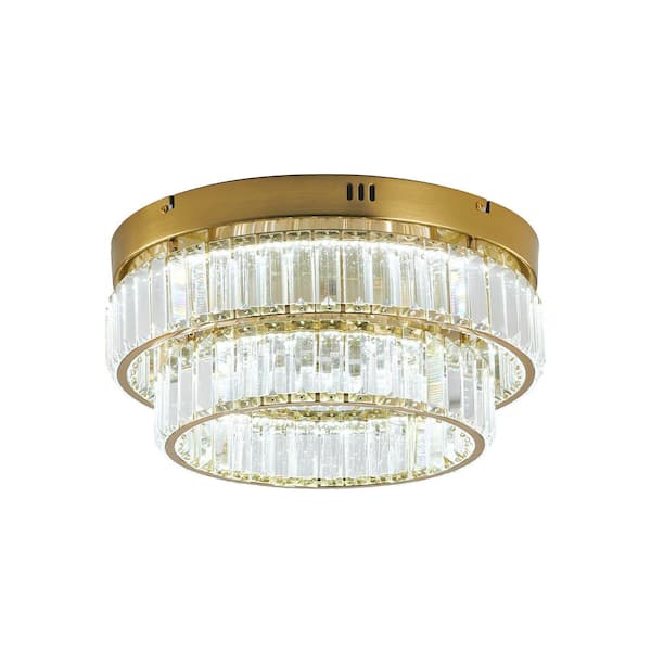 Unbranded Narong 15.75 in. 2-Light Brass Dimmable LED Flush Mount with Clear Crystals