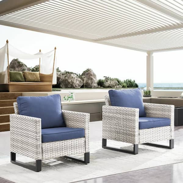 Gymojoy Valenta Light gray Wicker Outdoor Lounge Chair with Blue Cushions (2-Pack)