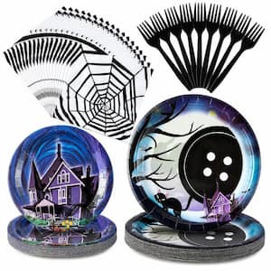 Starry Night Ghost House 96-Piece Halloween Party Black Purple White Paper Plastic Tableware Set (Service for 24)
