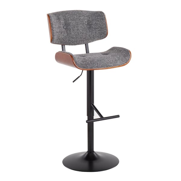 Lumisource Lombardi 46.5 in. Grey Noise Fabric and Black Metal Adjustable Bar Stool with Walnut Wood Accents