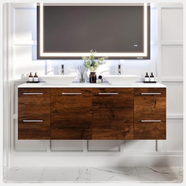 Luxurious 60 in. Double Sink Floating Rosewood Bath Vanity with White White Quartz Top (Assembled)