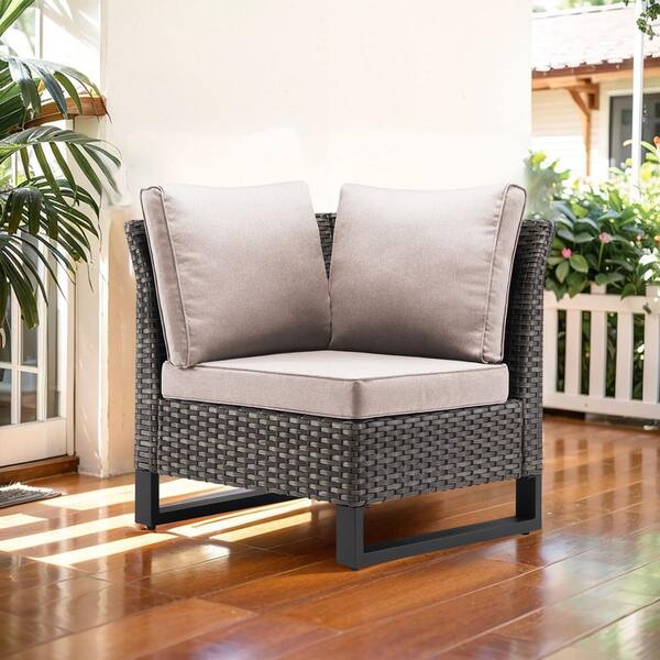 Gymojoy Valenta Gray Wicker Corner Outdoor Sectional Chair with Beige Cushions