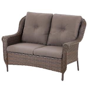 Chrysanthemum Armrest Series 2-Seat Brown Wicker Outdoor Patio Double Seat Sofa Couch with Gray Cushions