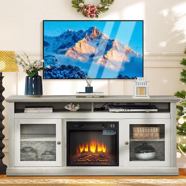 ToolCat 60 in. Freestanding Electric Fireplace TV Stand with 18 in. Electric Fireplace Insert,TV Up to 65 in., Stone Gray