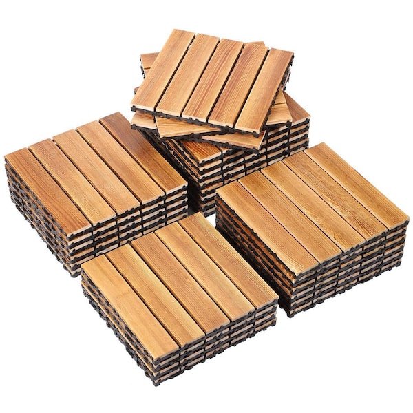 Afoxsos 12 in. x 12 in. Square Fir Wood Interlocking Flooring Tiles Striped Pattern for Patio Garden in Brown (Pack of 27 Tiles)