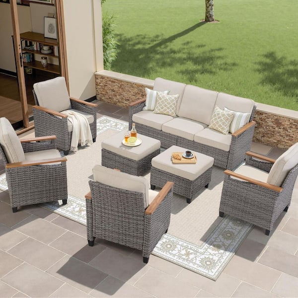 7-Piece Wood and Wicker Patio Conversation Set, Outdoor Seating Group Sofa Set with Beige Cushions