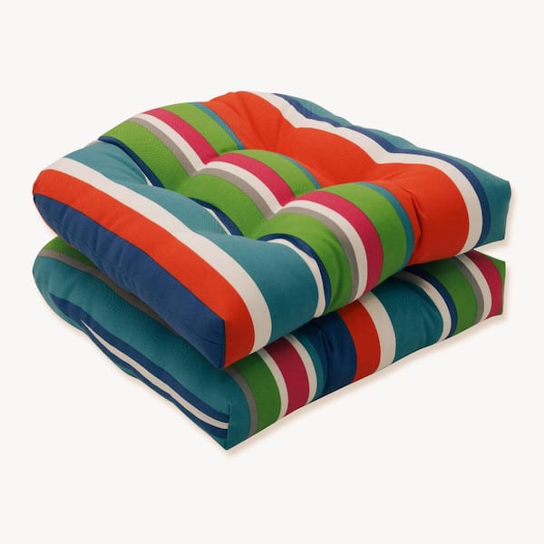 Pillow Perfect Striped 19 in. x 19 in. Outdoor Dining Chair Cushion in Blue/Green/Orange (Set of 2)