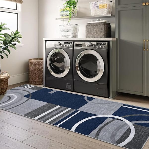Dark Blue 2x6ft Geometric Abstract Washable Area Rug