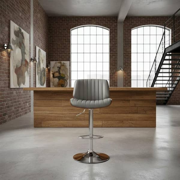 Bar Stool Gray Faux Leather Cushioned Swivel Bar Chair 1-Piece with Adjustable Chrome Base