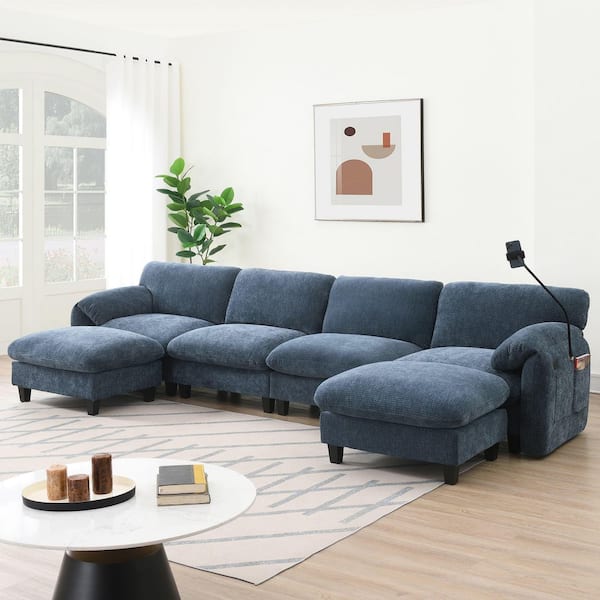 Modern 140 in. Pillow Top Arm 6-piece U-Shaped Chenille Sectional Sofa in. Blue with Ottoman and Charging Station