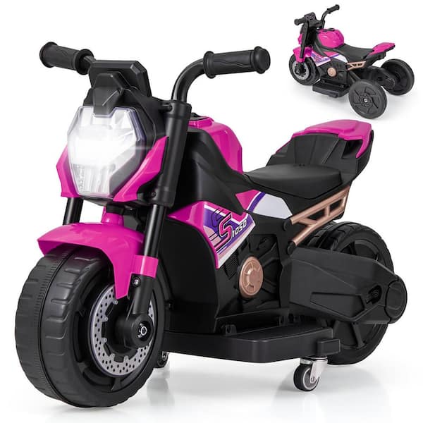 Gymax 8 in. 2-in-1 Kids Electric Motorcycle w/Detachable Training Wheels Headlight and Horn Pink
