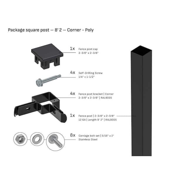Square 2-3/8 in. x 2-3/8 in. x 8'2 ft. Poly Cap Corner Fence Black Steel Post (1-Pack)