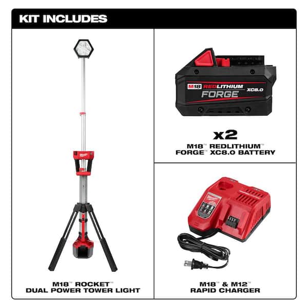 M18 18-Volt Lithium-Ion Cordless Rocket Dual Power Tower Light w/ (2) FORGE 8.0 Ah Batteries & Charger