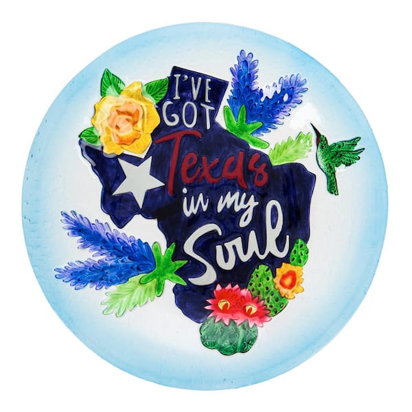 Evergreen 18 in. Texas Soul Hand Painted Embossed Glass Bird Bath