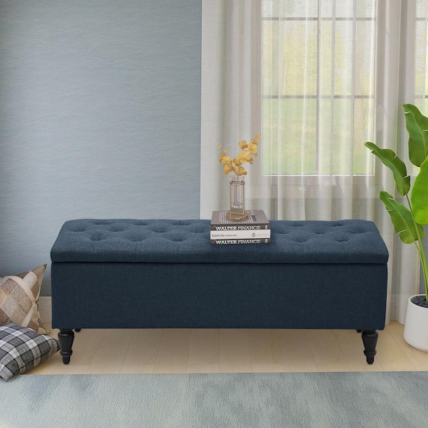 Maypex 45 in. Navy Linen Fabric Upholstered Flip Top Tufted Storage Bench 45 in. L x 18 in. W x 18 in. H