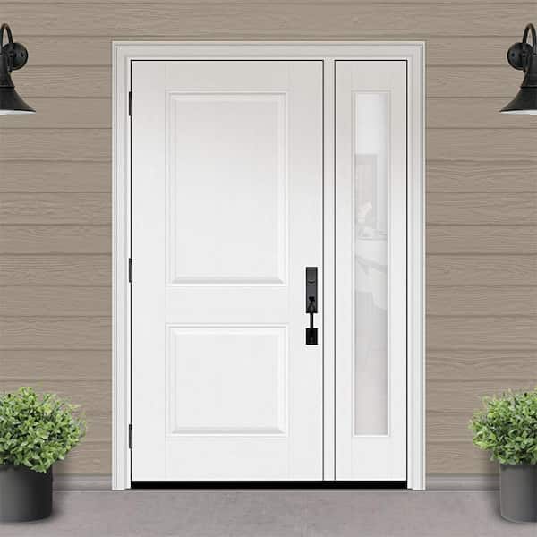 Regency 53 in. x 80 in. 2P Squaretop RHOS Unfinished White Mahogany Fiberglass Prehung Front Door w/Obscure14in.SL6-9/16