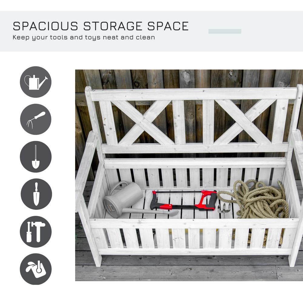 White Painted Fir Wood Outdoor Storage Bench with High Back