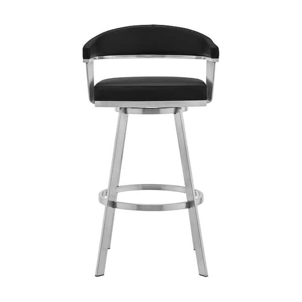 HomeRoots 26 in. Mod Black Faux Leather Brushed Silver Finish Swivel Bar Stool