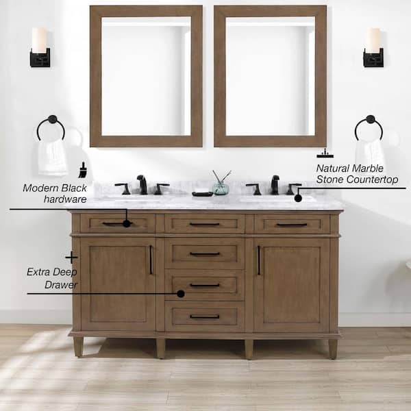 Sonoma 60 in. Double Sink Almond Latte Bath Vanity with Carrara Marble Top (Assembled)