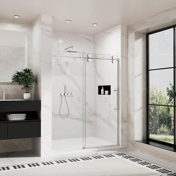 60 in. W x 72 in. H Single Sliding Frameless Shower Door in Chrome with 5/16 in. Tempered Clear Glass